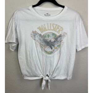 LADIES JUNIORS Medium CROP TOP short sleeve HOLLISTER TIE KNOT SHIRT white EAGLE